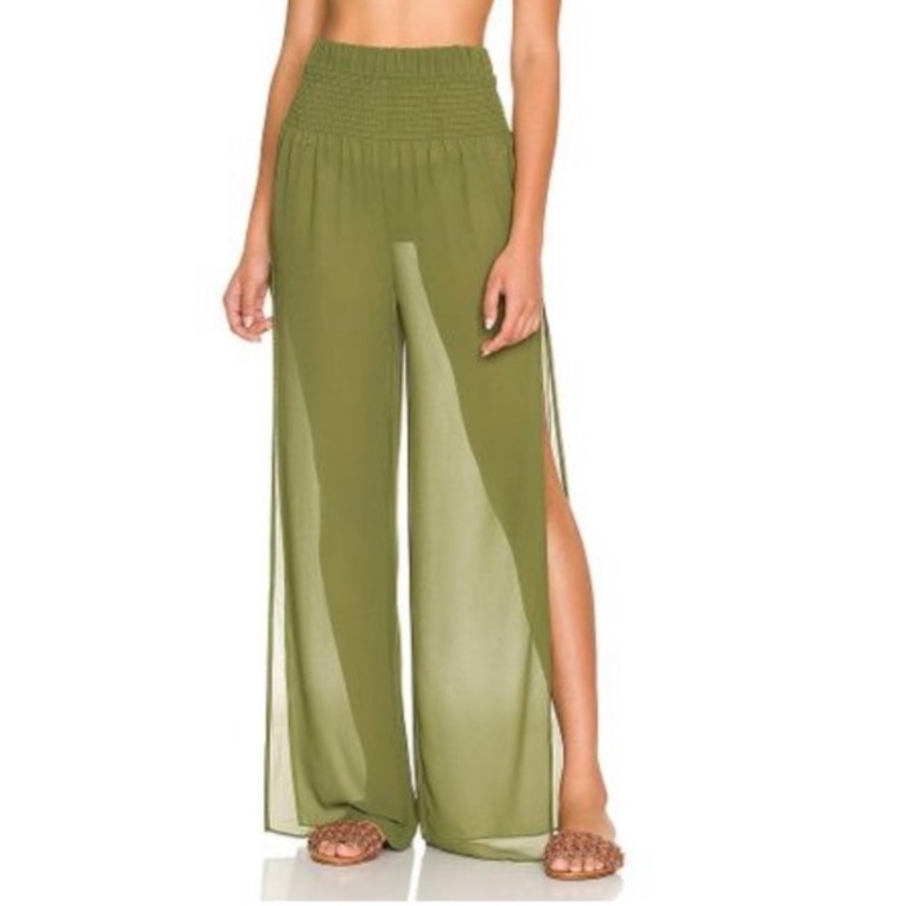 Camila Coelho Nana Pants Green Sheer Smocked Top high slit flowy Swim Cover Sm
